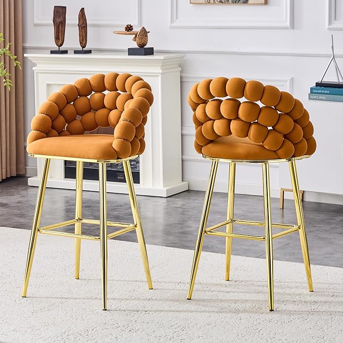 Set of 2 Orange Puffy Bubble Chair Ball Chain Chair Velvet Bar Stools with Gold Legs, Tufted Accent Bar Chairs for Kitchen Island Home Bar