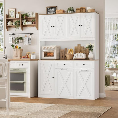 HOSTACK 71"H Kitchen Trash Can Cabinet, 12.5 Gallon Double Pull Out Garbage Can Hutch Cabinet with Trash Bin Storage Holders, 47" Wide Kitchen Pantry with Hidden Garbage Storage for Dining Room, White