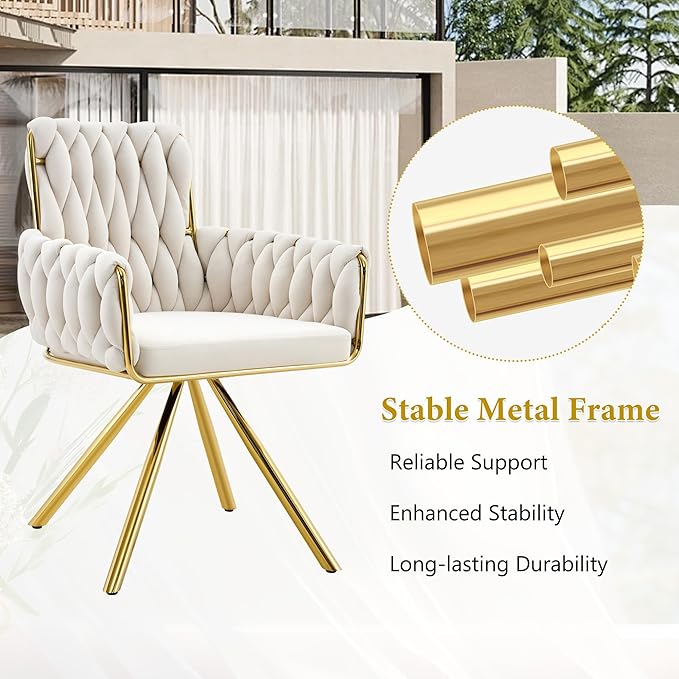 Upholstered Dining Chairs Set of 2, Hand-Woven Back Kitchen Chair, Large Gold Dining Chairs,Velvet Upholstery with Metal Legs, Modern Velvet Chair for Dining Room、Kitchen、Restaurant