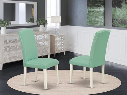 East West Furniture ENP2T57 Encinal Parson Kitchen Chairs - Nailhead Trim Pond Faux Leather Padded Dining Chairs, Set of 2, Linen White