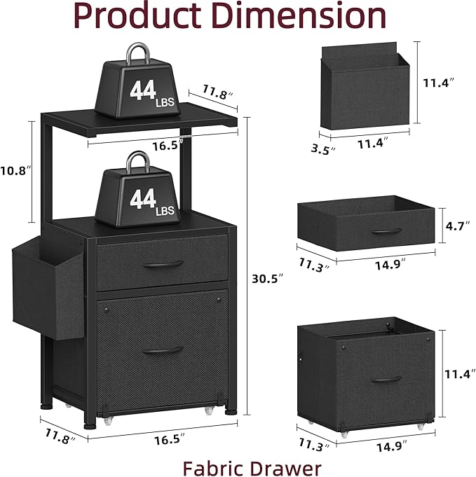 HIGDBFE 2-Drawer File Cabinet, Filing Cabinet with 2-Tier Printer Shelves, Office Cabinets with Side Bag&File Drawer for A4/Letter Size, Printer Stand with Storage for Home Office, Black, 16.5" W