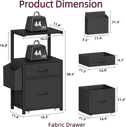 HIGDBFE 2-Drawer File Cabinet, Filing Cabinet with 2-Tier Printer Shelves, Office Cabinets with Side Bag&File Drawer for A4/Letter Size, Printer Stand with Storage for Home Office, Black, 16.5" W