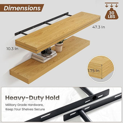 Heimlove Floating Shelves for Wall 48 Inch Long,Extra Large and Thick Wood Shelves Mounted Storage Hanging Shelf Invisible Bracket for Bedroom,Living Room,Kitchen,Office,Set of 2,Oak