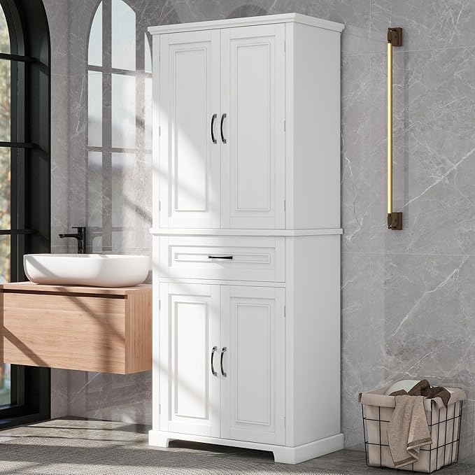 Storage Cabinet with 4 Doors and Drawers, 72.2" H Kitchen Cabinet with 6 Door Shelves, Kitchen Storage Cabinets with Adjustable Shelves for Living Room, White