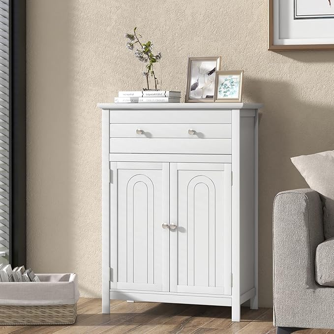 Tangkula White Bathroom Cabinet, Freestanding Wooden Storage Cabinet w/Large Drawer & Cabinet, 2 Doors, 3 Heights Adjustable Shelf, Bathroom Storage for Living Room Kitchen (White)