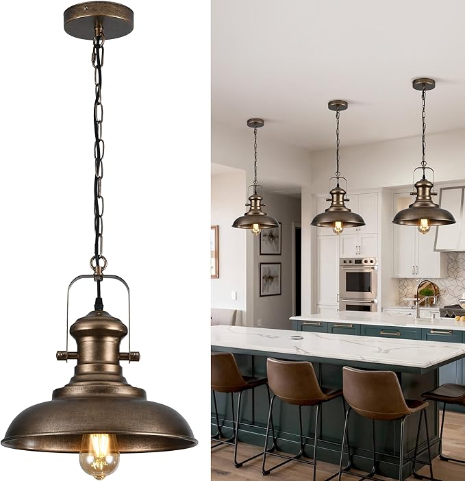 12.2" Hand-Painted Bronze Industrial Farmhouse Pendant Light, Modern Rustic Dome Hanging Ceiling Lighting Fixture for Bar, Cafe & Dining Room