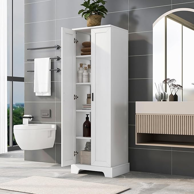 Favfurish 71" Tall Bathroom Storage Cabinet with Doors, Modern Linen Cabinets w/Adjustable Shelves & Anti-Tipping Device, Easy Assembly, Freestanding Organizer for Dining Room,Kitchen,Office,White