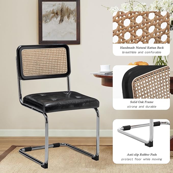 Alunaune Mid Century Modern Dining Chairs Set of 2, Upholstered Natural Rattan Kitchen Accent Chair, Armless Side Chairs with Metal Chrome Legs for Bedroom Living Room-Black, PU Seat