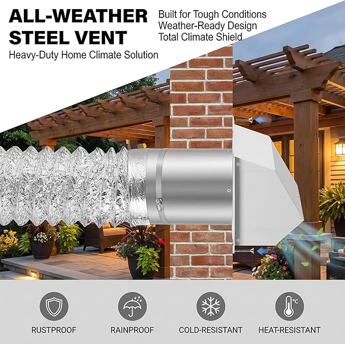 8 Inch Hooded Wall Vent, Outdoor Wall Exhaust Vent Cover Wall Cap with Screen & Backdraft Damper, White Galvanized Steel Exterior Vent for Range Hood Bathroom Garage HVAC Duct