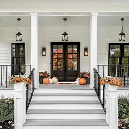 LOG BARN Outdoor Pendant Lights, Modern Farmhouse Exterior Light Fixture, Anti-Rust Ceiling Outdoor Lantern with Seeded Glass for Front Door, Entry, Porch, and Gazebo