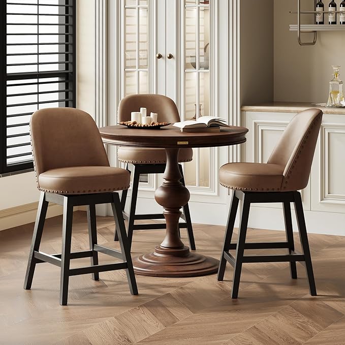 MALOL Swivel Bar Stools Set of 6, PU Leather Mid Century Mondern Barstools, 26 inch Counter Height Bar Chairs with Solid Back and Wood Legs, for Kitchen Island，Brown
