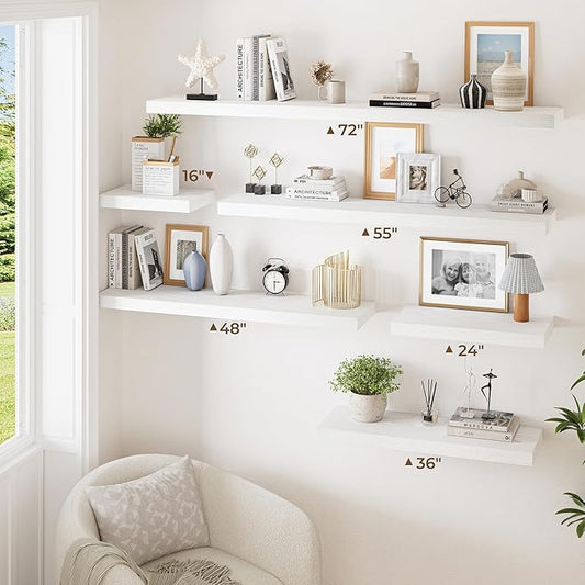RICHFOCUS Deep Floating Shelves for Wall 2 Pack 12" D 55 Inch Wall Shelves for Room Wall|Wood Hanging Shelf with Invisible Brackets for Bathroom Bedroom Kitchen Laundry Room, White