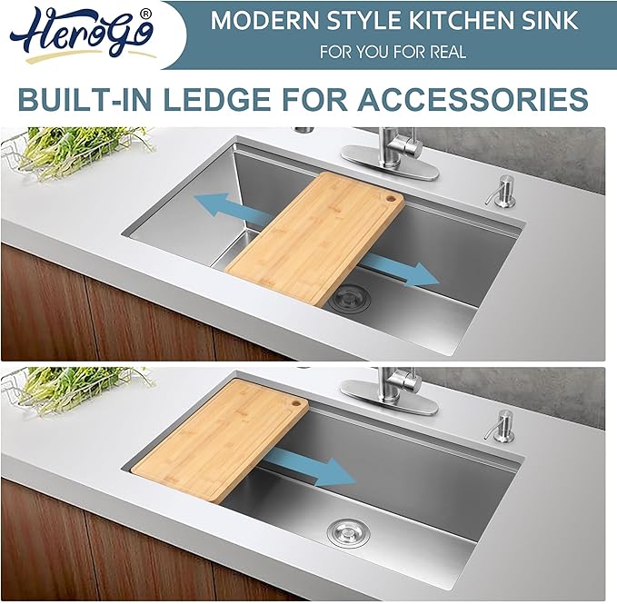 Herogo 33x19 Inch Undermount Stainless Steel Single Bowl Kitchen Workstation Sink, 10'' Deep Basin With Accessories