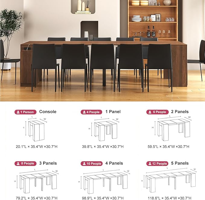 Extendable Dining Table with Storage, Transformer Console Table for 1-12 People, Space Saving Dining Room Table with Built-in Outlet for Homes, Apartments, Walnut