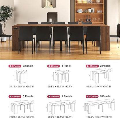 Extendable Dining Table with Storage, Transformer Console Table for 1-12 People, Space Saving Dining Room Table with Built-in Outlet for Homes, Apartments, Walnut