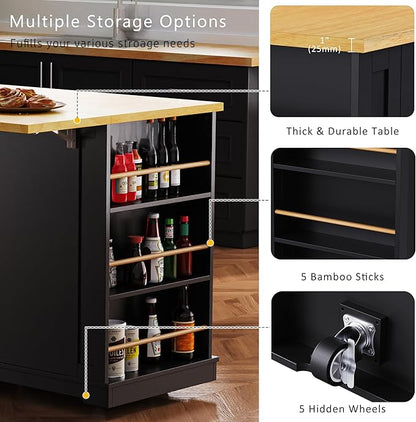 YOPTO 53" Large Kitchen Island with 2 Bar Stools,Power Outlet & Door Internal Storage Rack,Kitchen Storage Cart on 5 Wheels W/Drop Leaf,5 Open Side Racks & 3 Drawers,for Kitchen,Dining Room,Black