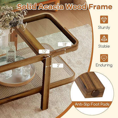 Tangkula Rattan Coffee Table, 47.5”L Boho Cocktail Tables, 2-Tier Center Table with Tempered Glass Tabletop, PE Rattan Shelf & Acacia Wood Frame, Mid Century Modern Tea Table for Living Room (Natural)