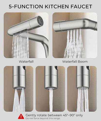 FORIOUS Waterfall Kitchen Faucet with Pull Down Sprayer, 5 Spout Modes Brushed Nickel Stainless Steel Single Handle 360° Swivel Classic Kitchen Sink Faucet with Deck Plate for 1 or 3 Hole for Bar Rv