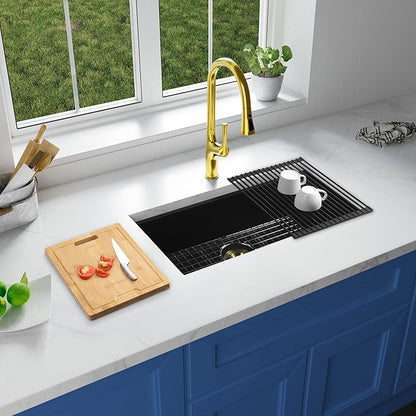 Black Undermount Kitchen Sink 25 Inch - Drop In Granite Quartz Composite Workstation Sink - Deep Single Bowl,Dual Mount,with Accessories（Black, 25.59" X 17.72")