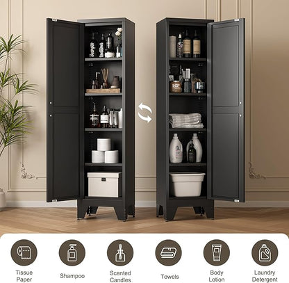 LCAOPC 67" Tall Narrow Bathroom Metal Storage Cabinet with 4 Adjustable Shelves, Freestanding 5 Tier Slim Pantry Storage Cabinet for Small Space, Black