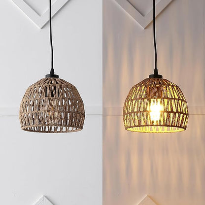 JONATHAN Y 8.25" Brown Modern Bohemian Woven Rope LED Pendant Light Fixture, Adjustable Dome Ceiling Lamp for Kitchen Island, Rope Shade, Coastal Farmhouse Decor (JYL6512E)