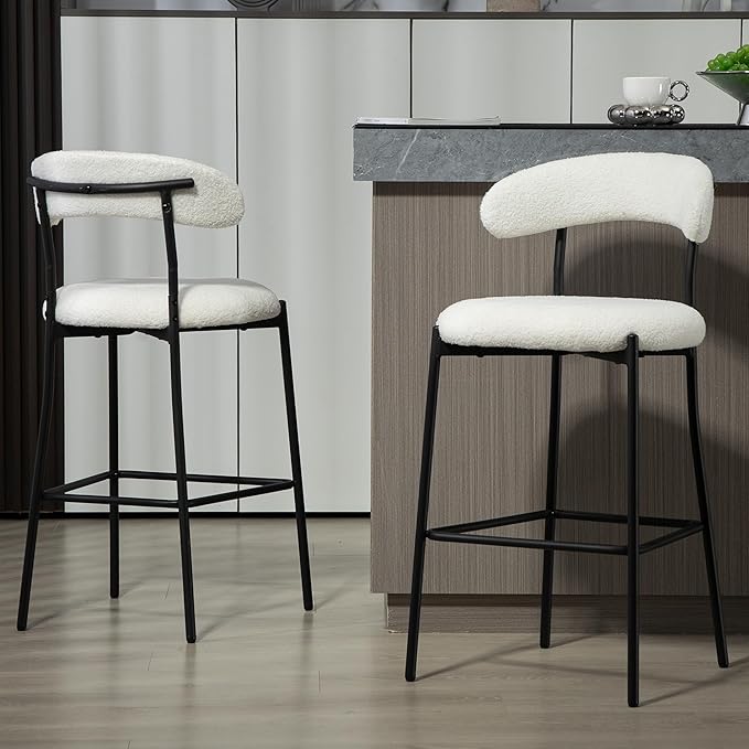 26'' Counter Height bar stools Fabric Cover Kitchen Island Counter bar Stool with Black Powder Coating Base and footrest(Snow)