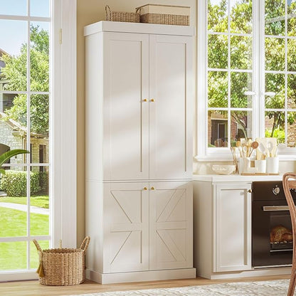 70.8" Tall Farmhouse Kitchen Pantry Cabinet with Glass Doors, Modular Storage Cabinet with 6-Tier Adjustable Shelves, Large Storage Cabinet for Kitchen or Living Room, Set of 4, White