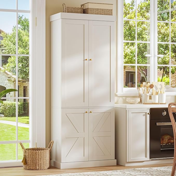 70.8" Tall Farmhouse Kitchen Pantry Cabinet with Glass Doors, Modular Wooden Storage Cabinet with 6-Tier Adjustable Shelves, Hutch for Kitchen or Living Room, Set of 2, White