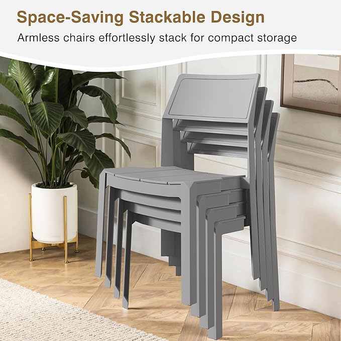 VECELO 4 Pack Plastic Dining Chairs, Stackable Patio Chairs for Indoor Outdoor Use in Kitchen, Poolside, No Assembly Required, Grey