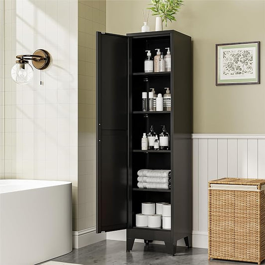 COFaR 67" Slim Bathroom Storage Cabinet, Black Metal Storage Cabinet with Magnetic Door & 4 Adjustable Shelves, Slim Freestanding Cupboard for Office, Kitchen, Bathroom