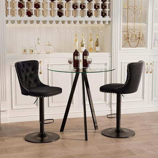 yeag 31.5'' Modern Luxury Glass Bar Table Set for 2, Round Pub Table Cocktail Table and 2 Adjustable Velvet Swivel Barstools Island Chairs for Bistro(Black Metal Legs, Clear Top + Black Chair)