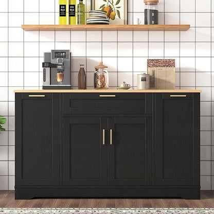 Multi-Functional Kitchen Island Storage Cabinet with 3-Tier Pull-Out Rack with Guardrails, Modern Buffet Sideboard with Adjustable Shelves, Storage Piece for Living Room or Entryway (Black)