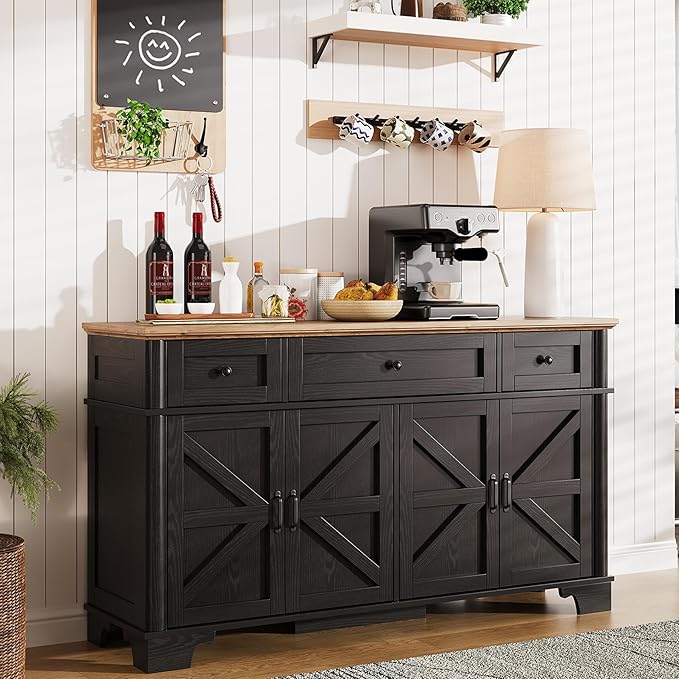 BestHaped Farmhouse Buffet Cabinet with Storage, 55 Inch Black Sideboard Buffet Cabinet with Adjustable Shelves & 3 Drawers, Buffet Table Coffee Bar Wine Bar Storage for Kitchen & Living Room