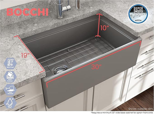BOCCHI Contempo Workstation Apron Front Step Rim Fireclay 30 in. Single Bowl Kitchen Sink with Accessories in Matte Gray