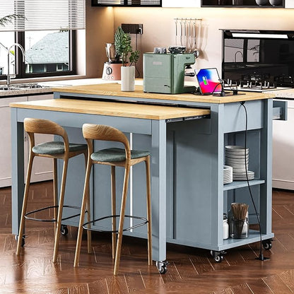 GOWE 47 inch Kitchen Island with Extendable Dining Table, Rubber Wood Veneer Kitchen Table with Internal Storage Rack, Power Outlet, Kitchen Island with Storage 2 Drawers 2 Cabinet,Grey Blu