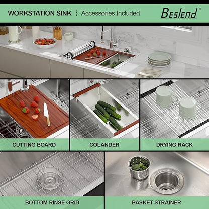 28 Inch Drop In Kitchen Sink - Beslend Stainless Steel Ledge Workstation Sinks 16 Gauge Top Mount Handmade Welding Large Single Bowl Over Counter Kitchen Basin with Accessories 28x22x10