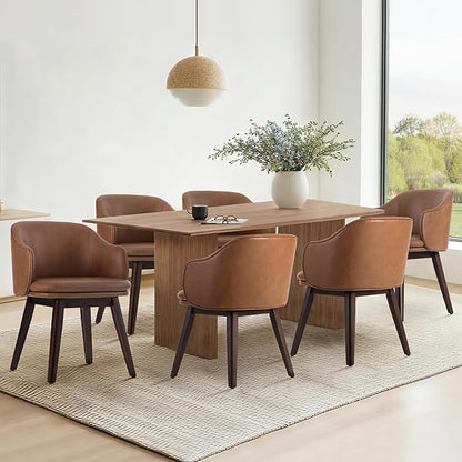 KISLOT Wooden Dining Chairs Set of 2, Faux Leather Upholstered Modern Dining Room Chairs with Barrel Backrest & Double-Layer Thick Cushion for Living Room, Restaurant, Kitchen and Café, Brown