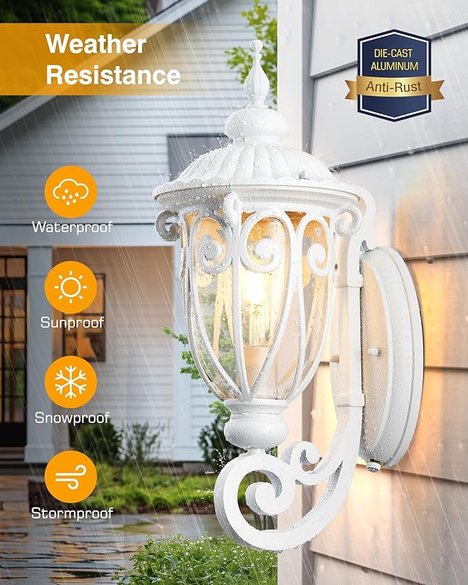 VIANIS Dusk to Dawn Outdoor Garage Lighting Fixtures White, Delicate Exterior Lighting Fixtures with Bubble Glass, White Porch Lights Outdoor for Doorway, Garden, Garage, Vintage Style, Waterproof