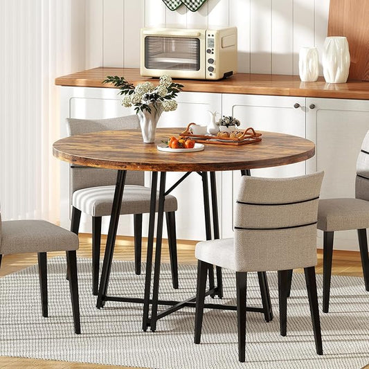 Giantex 47-inches Round Dining Table for 4-6 People, Kitchen Table with Metal Supporting Legs & Cross Base, Circle Dinner Tables for Dinette, Restaurant, Living Room, Dining Room, Rustic Brown