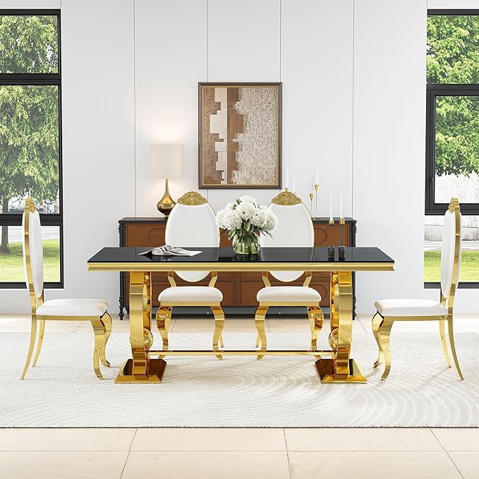 7-Piece Modern Dining Table Set, 70" Black Tempered Glass Kitchen Table with Gold Polished Stainless Steel U-Shaped Pedestal Base and 6 White PU Leather Chairs with Mirrored Legs, for Dining Room
