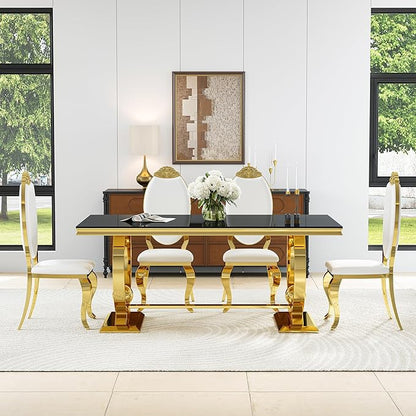 7-Piece Modern Dining Table Set, 70" Black Tempered Glass Kitchen Table with Gold Polished Stainless Steel U-Shaped Pedestal Base and 6 White PU Leather Chairs with Mirrored Legs, for Dining Room