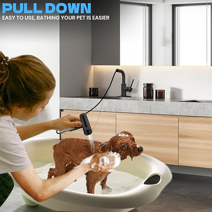 Matte Black Bathroom Sink Faucet with Pull Down Sprayer - 4 Mode Single Handle Vanity Faucet Waterfall Bathroom Faucet with Pull Down Sprayer (No Drain)