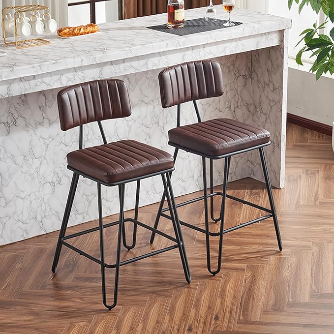Bar Stools Set of 2, Counter Height Chairs with PU Leather Upholstery Metal Frame, Vintage Bar Chairs with Backrest Footrest for Kitchen Island, Dining Room, Home Bar, Brown