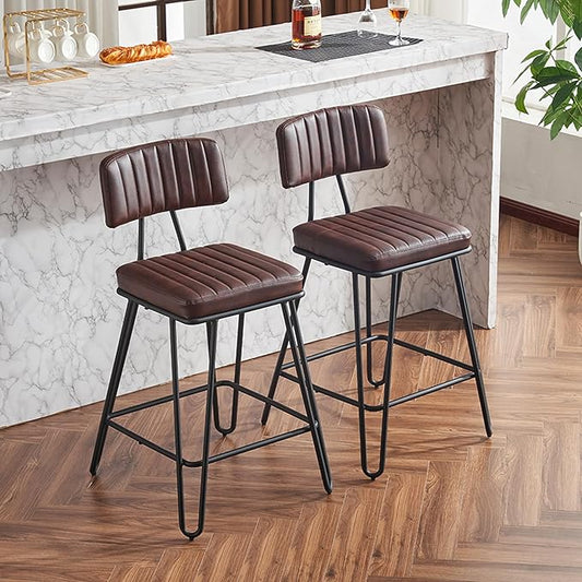 Bar Stools Set of 2, Counter Height Chairs with PU Leather Upholstery Metal Frame, Vintage Bar Chairs with Backrest Footrest for Kitchen Island, Dining Room, Home Bar, Brown