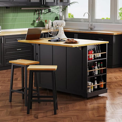 YOPTO 53" Large Kitchen Island with 2 Bar Stools,Power Outlet & Door Internal Storage Rack,Kitchen Storage Cart on 5 Wheels W/Drop Leaf,5 Open Side Racks & 3 Drawers,for Kitchen,Dining Room,Black