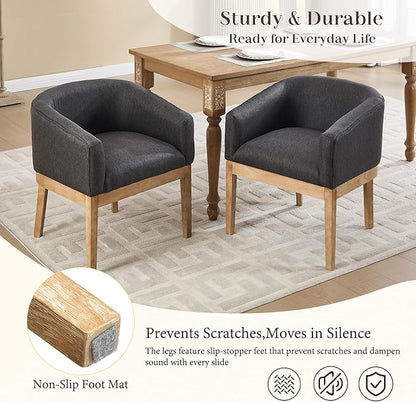 Barrel Dining Chairs Set of 6, Mid Century Modern Farmhouse Kitchen Chairs with Wood Legs, Linen Upholstered Accent Chair with Arms for Living Room/Bedroom, Grey