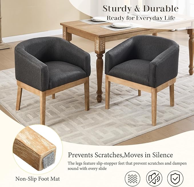 Barrel Dining Chairs Set of 2, Mid Century Modern Farmhouse Kitchen Chairs with Wood Legs, Linen Upholstered Accent Chair with Arms for Living Room/Bedroom, Grey