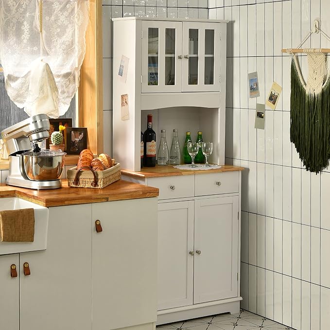 LOKO Kitchen Hutch Cabinet, Kitchen Cabinet with Framed Tempered Glass Doors, Flat Countertop and 2 Drawers, Kitchen Pantry Storage Cabinet with Adjustable Shelves, 27 x 16 x 67 inches (White)