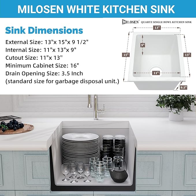 MILOSEN White Bar Sink 13×15 Inch, Undermount Wet Bar Prep Sink for RV Kitchen, Single Bowl Granite Composite Design with Custom Accessories, 9'' Deep White Quartz Small Bar Sinks