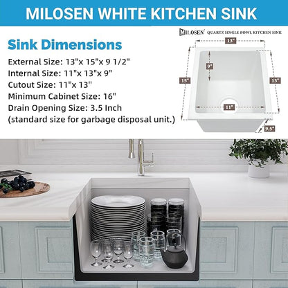 MILOSEN White Bar Sink 13×15 Inch, Undermount Wet Bar Prep Sink for RV Kitchen, Single Bowl Granite Composite Design with Custom Accessories, 9'' Deep White Quartz Small Bar Sinks